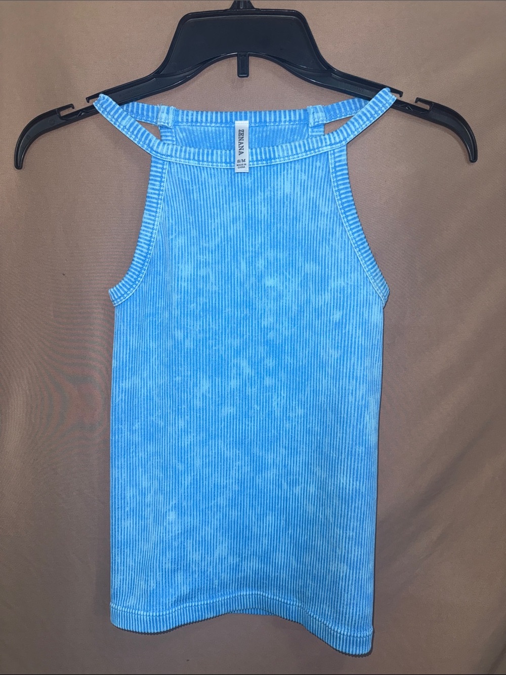 NWOT Zenana Outfitters Acid Wash Light Blue Ribbed Halter Tank S/M